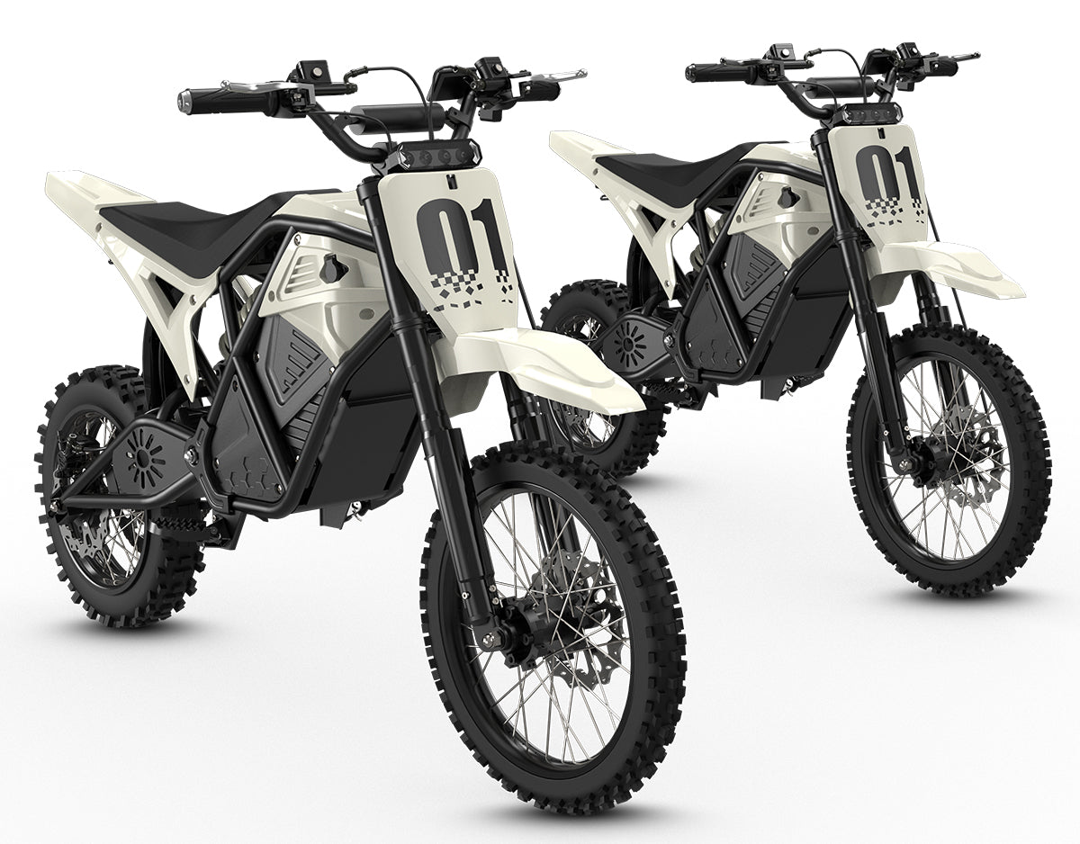 Double White KOVO Nova Mini electric dirt bike front view