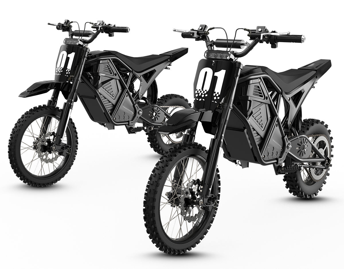 Two Black KOVO Nova Mini electric dirt bike front view