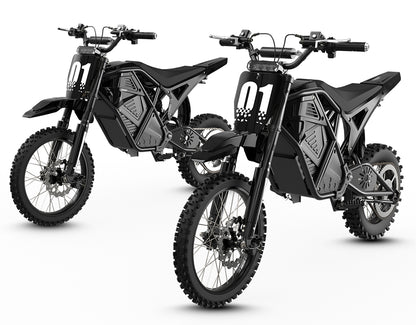 Two Black KOVO Nova Mini electric dirt bike front view