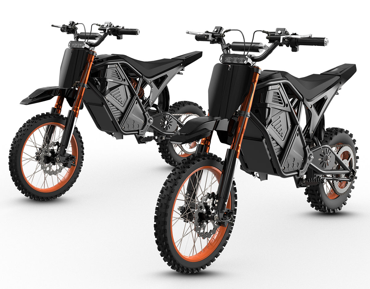 Two Orange KOVO Nova Mini electric dirt bike front view